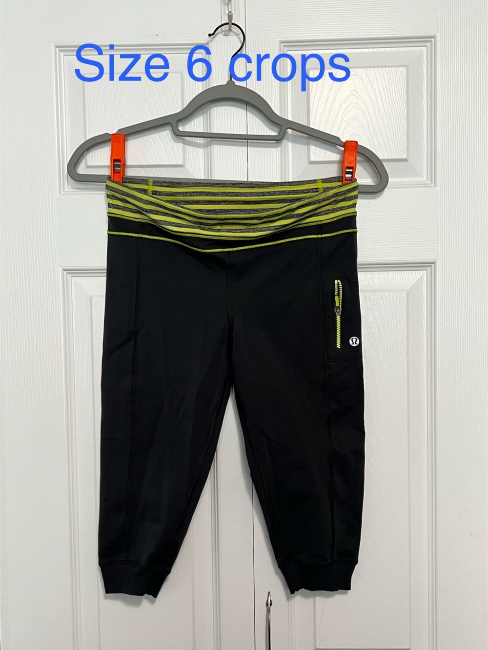 lululemon athletica Black Cropped Leggings with Lime Stripe Waistband